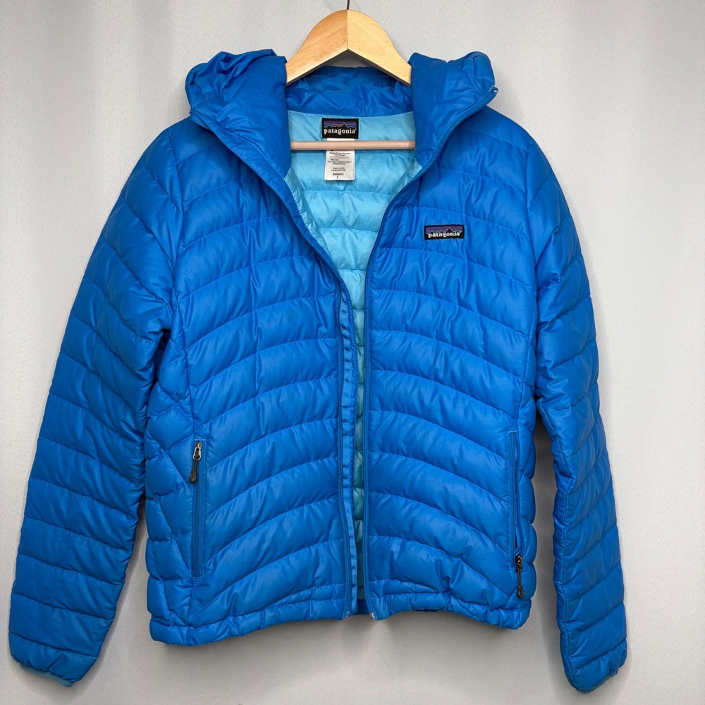 Patagonia Womens Down Sweater Hoody Blue Puffer Jacket Size L *FLAW Zipper*